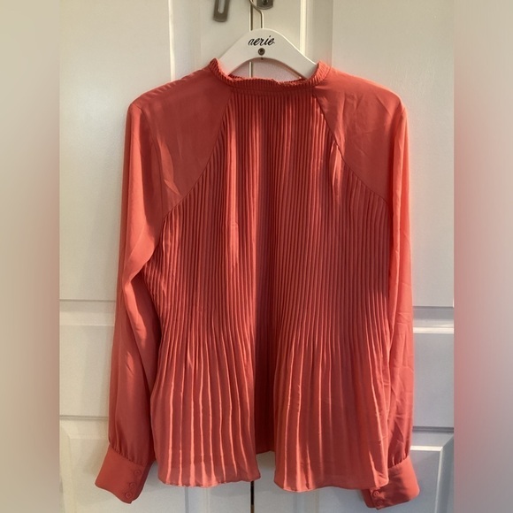 Halogen Pleated flowy long sleeve BLOUSE coral pink high neck top M - Picture 3 of 16
